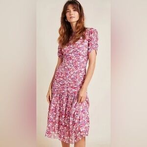 Shoshanna Roselle Multicolor Ruched, Lined Floral Crepe Midi Dress